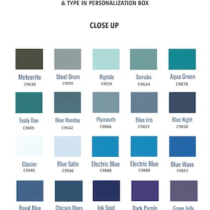 May include: Color chart with 18 different shades of blue, green, and purple paint colors. Each color swatch has a name and a code, for example, "Meteorite C9630". The chart is labeled "Choose Your Color & Type in Personalization Box" and "Close Up". The numbers "41-60" are at the bottom of the chart.