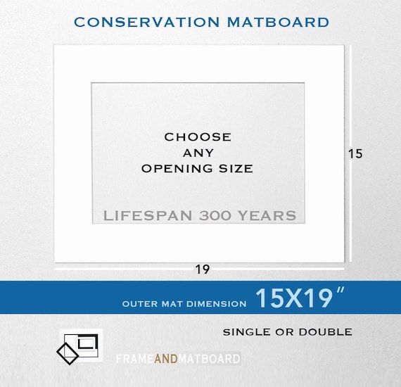 15x19 Picture Matboard , Archival, Custom Opening Conservation Mat, Acid Free, Lignin Free, Single or Double Mat, Lifespan 300 Years