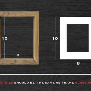 May include: Two picture frames, one brown wood and one white, both with an 8 inch by 10 inch opening. "MAT SIZE SHOULD BE THE SAME AS FRAME GLASS SIZE" is written in red text below the frames.