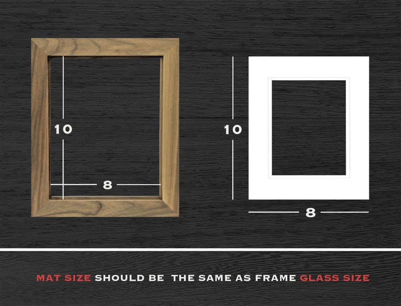 May include: Two picture frames, one brown wood and one white, both with an 8 inch by 10 inch opening. "MAT SIZE SHOULD BE THE SAME AS FRAME GLASS SIZE" is written in red text below the frames.