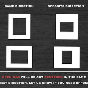 May include: Diagram showing two different ways to cut openings for a mat. The top row shows openings cut in the same direction as the mat, while the bottom row shows openings cut in the opposite direction. The text reads "Openings will be cut centered in the same as mat direction. Let us know if you need opposite."