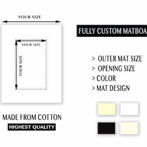 Fully Custom COTTON MATBOARD - SINGLE - Design Your Mat: Total Size - Opening Size - Color, Any Size Up To 30x40