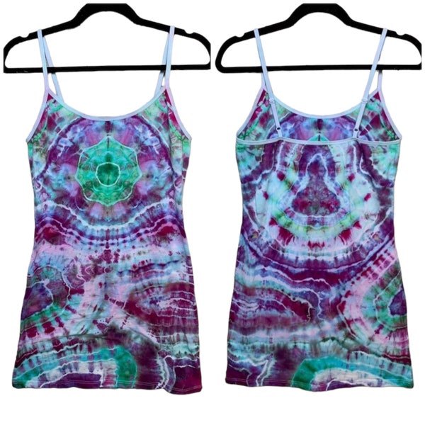 Purple Green Tie Dye Mandala Geode Cami Bodycon Dress | Size Large | Hippie, boho, festival, rave clothing