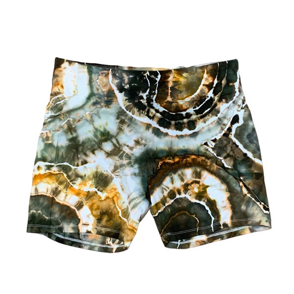 Green Gray Tie Dye Geode Biker Shorts With Side Pocket | Size 2X | Hippie, festival, rave, boho clothing