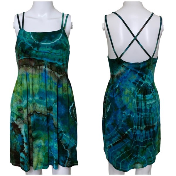 Blue Green Tie Dye Geode Cross-Back Cami Dress | Size Small | Hippie, boho, festival, rave clothing