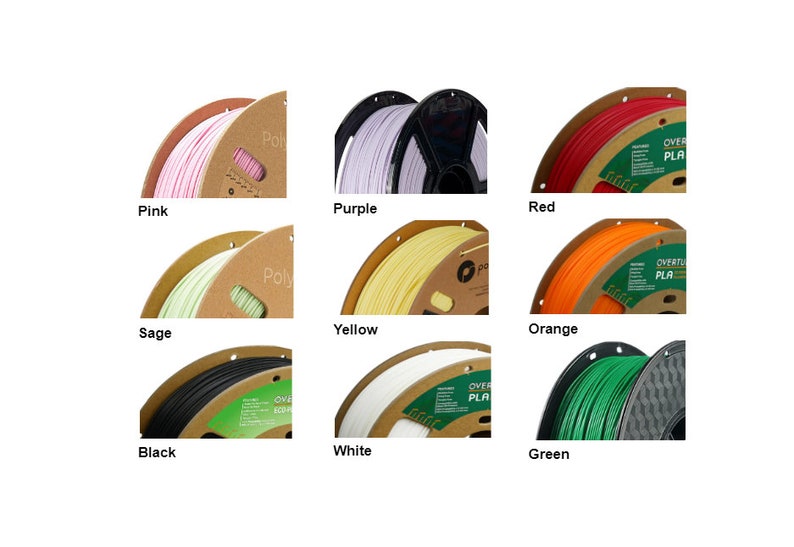 May include: Nine spools of filament for 3D printing in various colours, including pink, sage, black, purple, red, yellow, orange, white, and green. Each spool is labelled with the brand name "Overture" and the type of filament, "PLA".