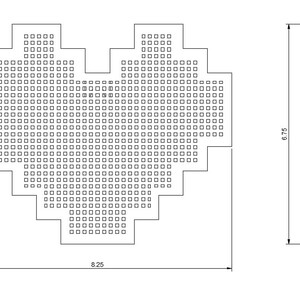 May include: A black and white line drawing of a heart-shaped stencil with a grid pattern. The stencil is 8.25 inches wide and 6.75 inches tall.