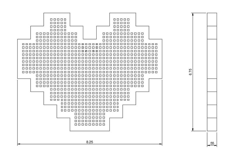 May include: A black and white line drawing of a heart-shaped stencil with a grid pattern. The stencil is 8.25 inches wide and 6.75 inches tall.