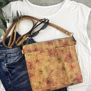 Bolso bandolera de corcho, bolso de corcho, monedero de corcho con flores rosas