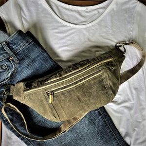 Waxed canvas sling bag, fanny pack, Waxed canvas hip bag, Olive waxed canvas bag