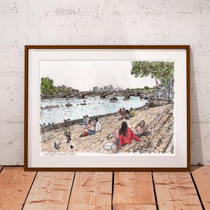 Thames Embankment and Putney bridge, SW London. original illustration Art Print captures the iconic beauty of River Thames Embankment.