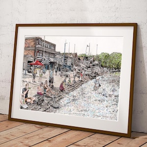 Sommertag, Putney Embankment, die Themse, die Bootsrennen, South West London Atmosphäre. Original Illustration von einem lokalen Künstler.