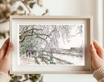 Bishop's Park London Art Print: Riverside Thames Illustration