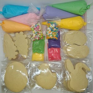 Puede incluir: Un kit de decoración de galletas con temática de Pascua con varios suministros. Incluye galletas horneadas con forma de huevo, pollito y conejito, bolsas de glaseado de colores y varias variedades de chispas. El kit está empaquetado en plástico transparente.