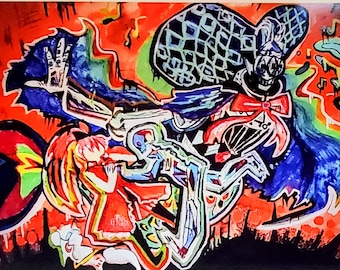 May include: Two colorful, abstract paintings of a skeleton figure with a large hat, playing a musical instrument. The paintings are framed and displayed on a white surface. Below the paintings are eight smaller, colorful, abstract pins of the same skeleton figure.