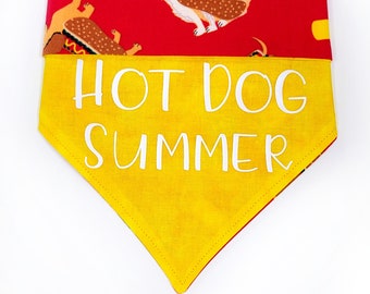 Hot Dog Summer Reversible Bandana // Tie On Bandana // Snap On Bandana // Dog Bandana // Dog Bandanas // Pet Accessories // Pet Clothing