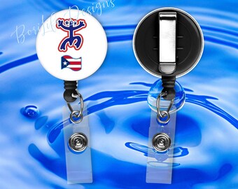 Personalized Retractable Taino Coqui Design  with PR Flag Work ID  Badge Reel Design