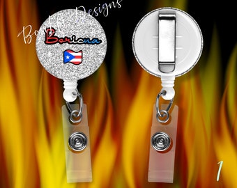 Personalized Retractable Boricua with Flag Work ID  Badge Reel Design