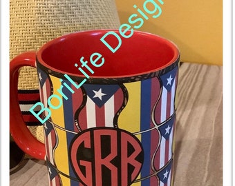 Unique  Boricua & Colombia Flags Couples Monogrammed Coffee Mug: MADE TO ORDER