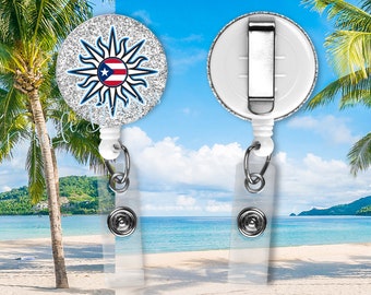 Personalized Retractable Boricua  Star with Flag Work Badge Reel