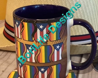Boricua and Pride Flags with Sunset Background Coffee Mug & coaster bundle and QR Coded Luggage Tag/ Keychains, Made to Order