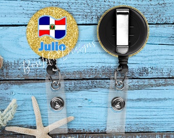 Personalized Dominincan Flag Design Retractable  Work ID  Badge Reel