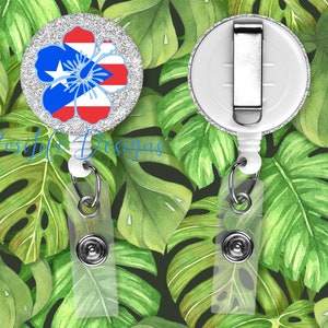 Personalized Retractable  Work ID  Badge Reel Flor De Maga Outlined in  Puerto Rico Flag