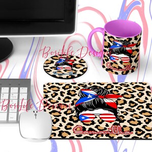May include: A set of personalized mousepad, mug, and coaster featuring a leopard print background with a woman's face wearing sunglasses and a Puerto Rican flag headband. The text "Samantha" is printed on the items.