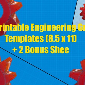 May include: A blue background with a grid pattern and red gear-shaped designs. The text reads "5 Printable Engineering Grid Templates (8.5 x 11) + 2 Bonus Shee".