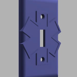Puede incluir: Una tapa de interruptor de luz azul con un símbolo de estrella de la vida en relieve. La tapa del interruptor está hecha de plástico y tiene un acabado mate.