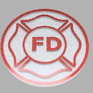 May include: Red glitter fire department emblem with the letters FD in the center.