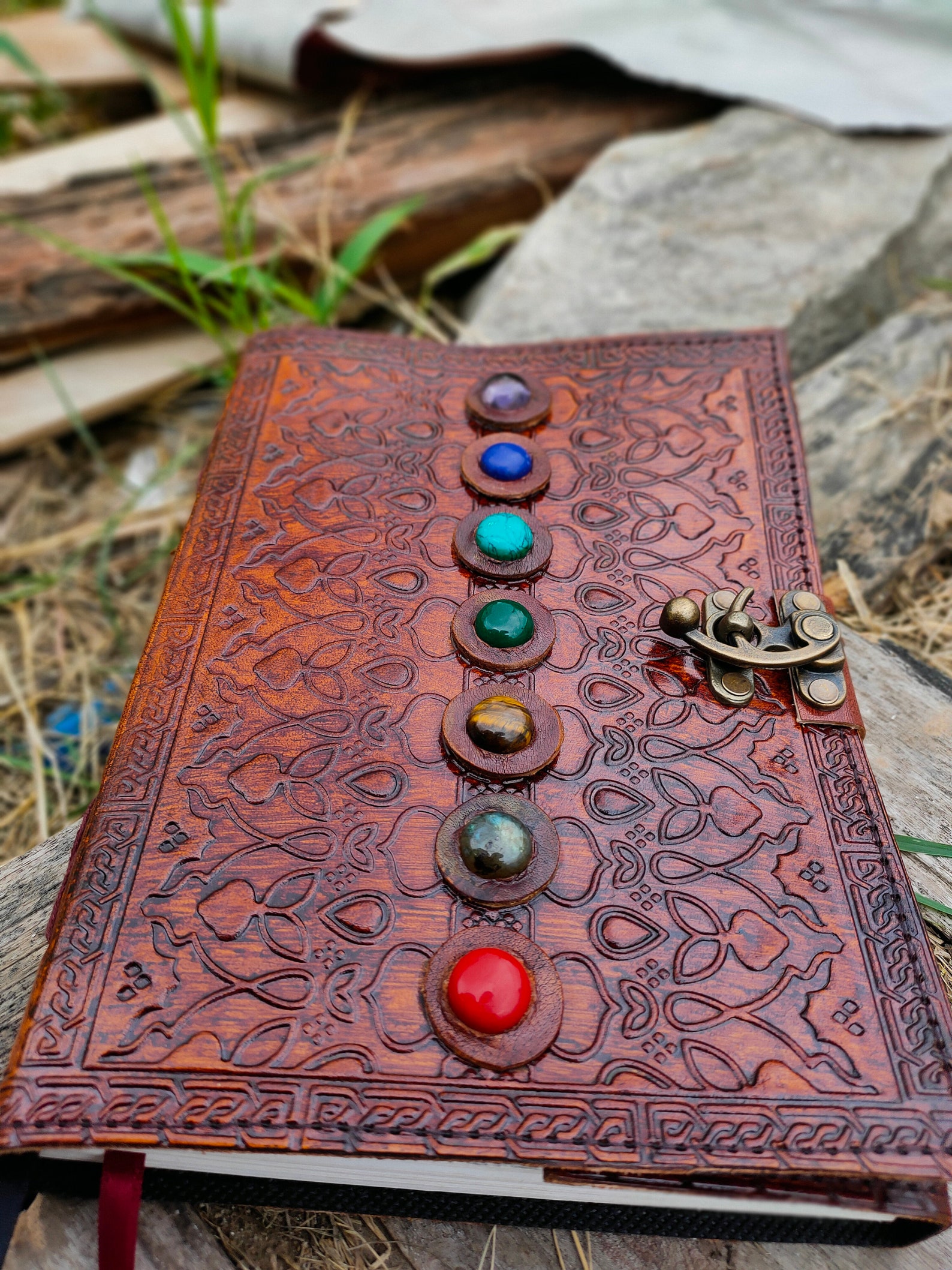 7x10 Leather Book of Shadows Journal Embossed with Chakra Gem Etsy