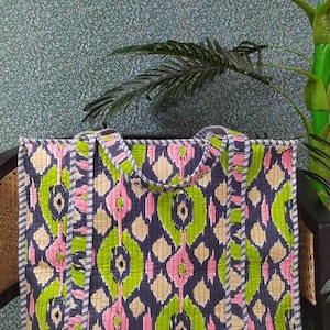 Cotton Quilted Handblock Printed Tote Bag with Zip 17x18x 6 inches