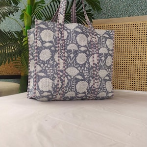 Cotton Quilted Handblock Printed Tote Bag without Zip 17x18x 6 inches