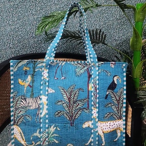 Cotton Quilted Handblock Printed Tote Bag without Zip 17x18x 6 inches