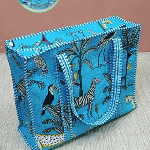 Cotton Quilted Handblock Printed Tote Bag with Zip 17x18x 6 inches