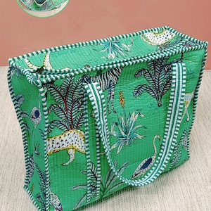 Cotton Quilted Handblock Printed Tote Bag with Zip 17x18x 6 inches