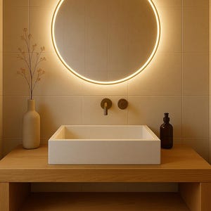 Lavabo en grès cérame fait main – Effet béton gris, vasque rectangulaire avec bonde noir mat – Salle de bain moderne