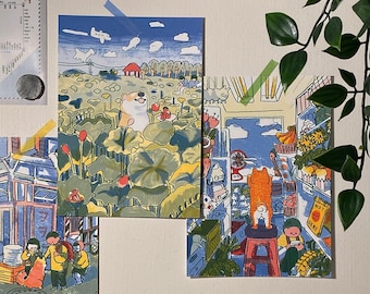 a shiba&#39;s life prints (dog, postcard, korean, decor, colorful)