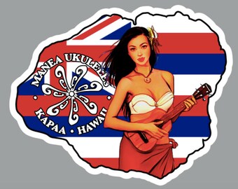 Island girl with Ukulele  Hawaii Flag background 4 inch decal