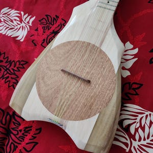 May include: A wooden stringed instrument with a light-coloured body and a circular, brown soundboard. The instrument features strings and a fretboard, set against red fabric with white floral patterns. The instrument's design is unique and handcrafted.