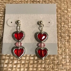 red crystal heart earrings with silver