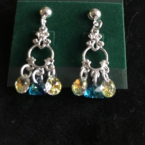 Crystal Ab drops with Bermuda blue drop on silver earrings