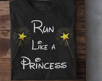 May include: Black t-shirt with white text that reads "Run like a Princess" with two gold star-shaped sparklers on either side of the text.