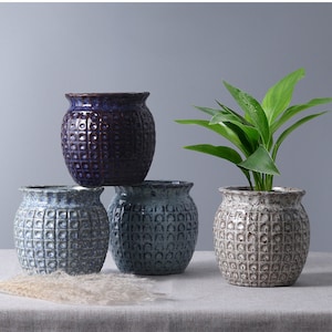 May include: Four ceramic plant pots in different shades of blue and brown with a textured, grid-like pattern. The pots are round and have a slightly flared lip. A green plant is growing in one of the pots.