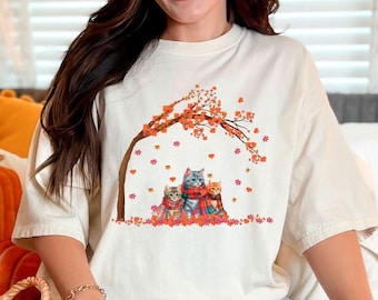 Herbst Katzen T-Shirt - Thanksgiving Katzen T-Shirt - Katzenliebhaber Shirt - Katze Fallbaum T-Shirt - Herbst Katzen Shirt - Kürbisse Shirt - Herbst Vibes Shirt