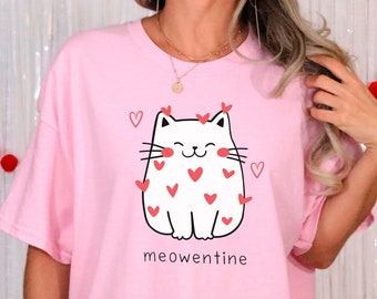 Camiseta de San Valentín con un lindo gato, camiseta de San Valentín de Meowentine, regalo para amantes de los gatos, camiseta con corazones de gato, camiseta de San Valentín con cuello redondo para mamá gata, regalo de San Valentín