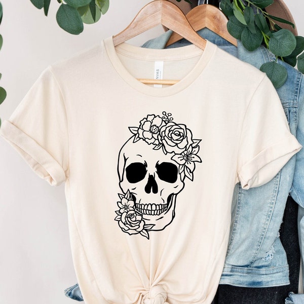 Floral Skull Shirt, Floral Tee, Skull Tee, Day Of The Dead Fashion, Sugar Skull Flower Crown, Halloween Costume, Skull Shirt, Sugar Skull,