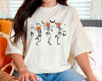 Dansande skelett Halloween T-shirt - Pumpa ansikte T-shirt - Spöklik säsong gåva - Höst pumpa T-shirt - Retro Halloween T-shirt - Höstskjortor