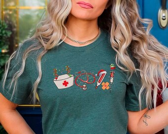 Camiseta navideña de enfermera, camiseta navideña de asistente médico, camiseta de la escuela de enfermería, camiseta de enfermera RN, camiseta navideña retro, regalo navideño de enfermera